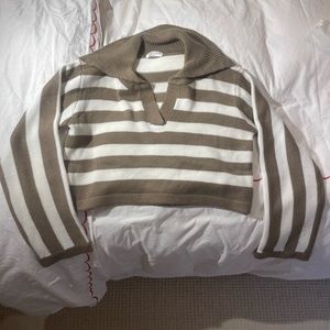 Brown and white striped v-neck sweater.
